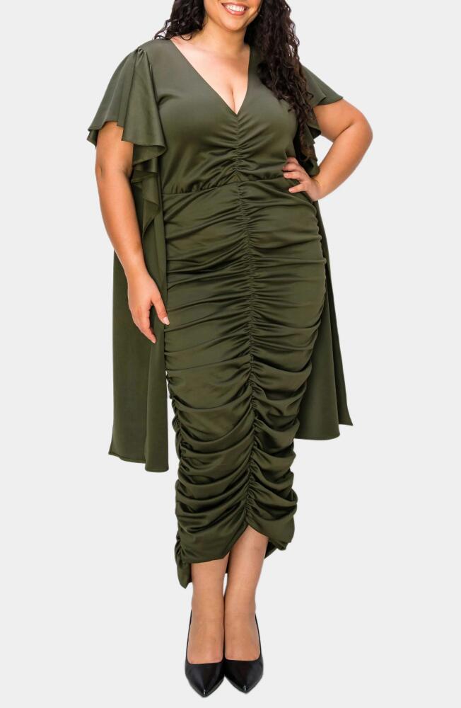 L I V D Nadia Ruched V-Neck Midi Dress in Army Cover