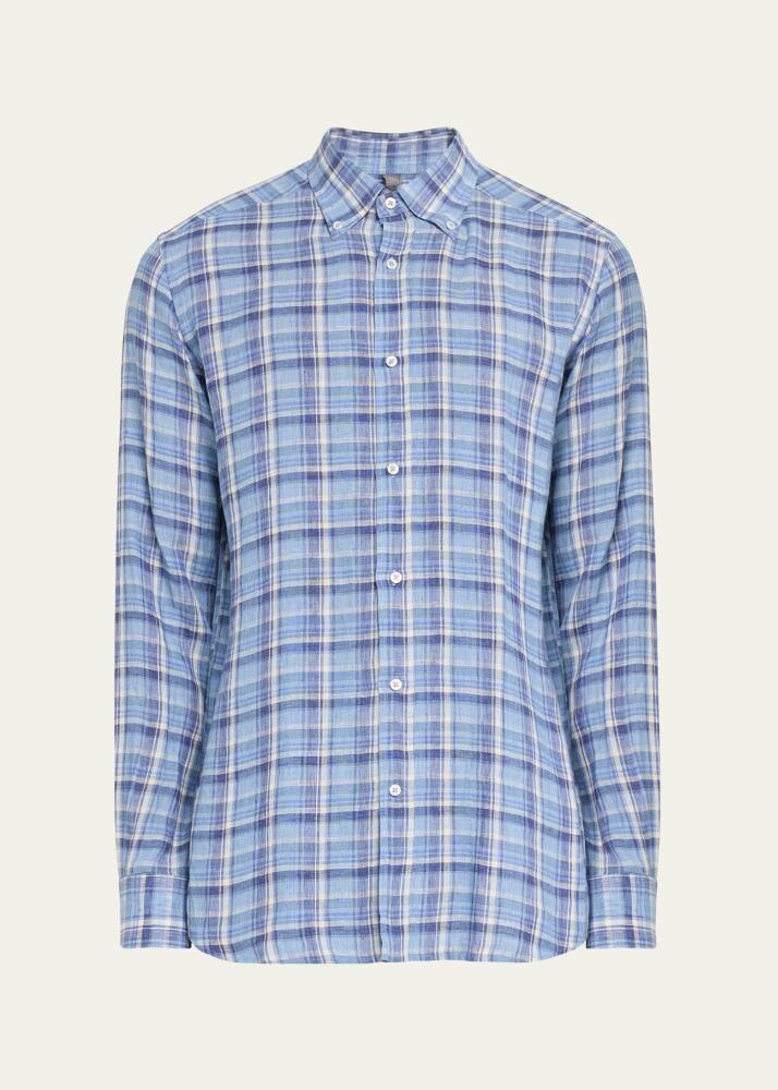 Bergdorf Goodman Men's Linen Plaid Casual Button-Down Shirt Cover