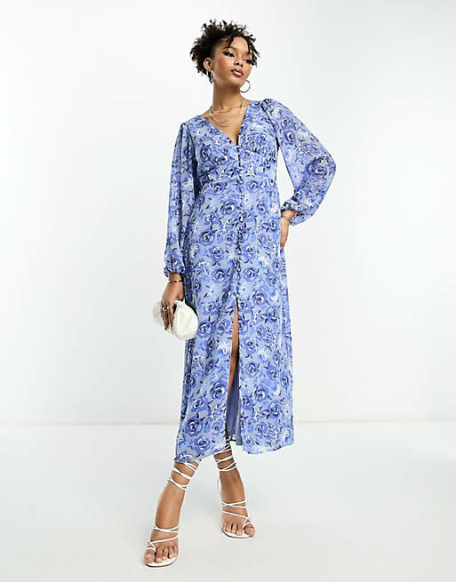 Vila v neck button up maxi dress in blue floral-Multi Cover