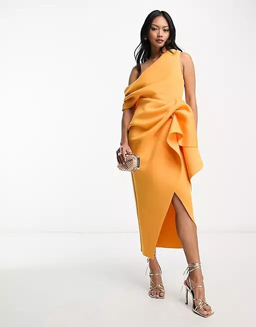 ASOS DESIGN fallen shoulder manipulated tuck bodycon midi dress in marigold-Yellow Cover