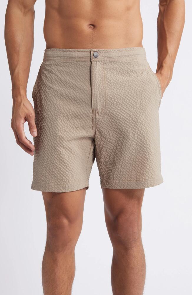 Nordstrom Flat Front Seersucker Swim Trunks in Tan Desert Cover