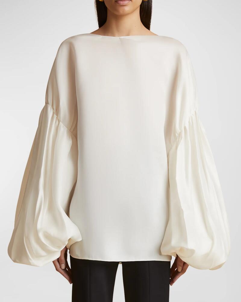 Khaite Quico Balloon-Sleeve Oversized Silk Blouse Cover