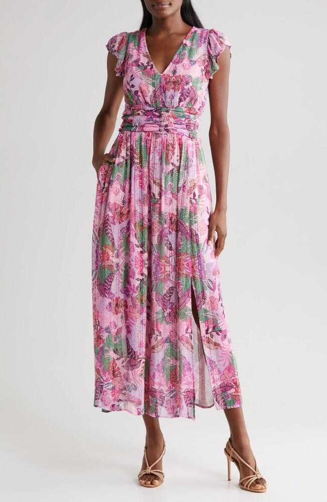 CIEBON Jennsen Ruched Flutter Sleeve Maxi Dress in Pink Cover