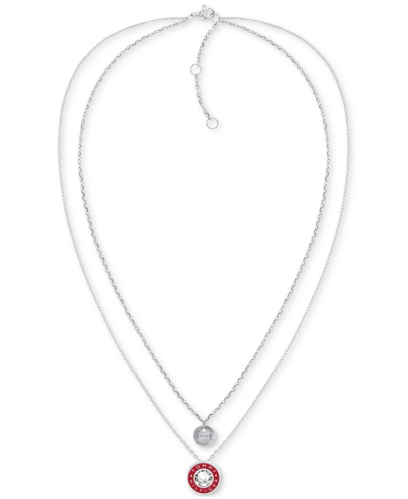 Tommy Hilfiger Stainless Steel Red Enamel & Stone Two-Row Pendant Necklace, 18" + 2" extender - Silver Cover