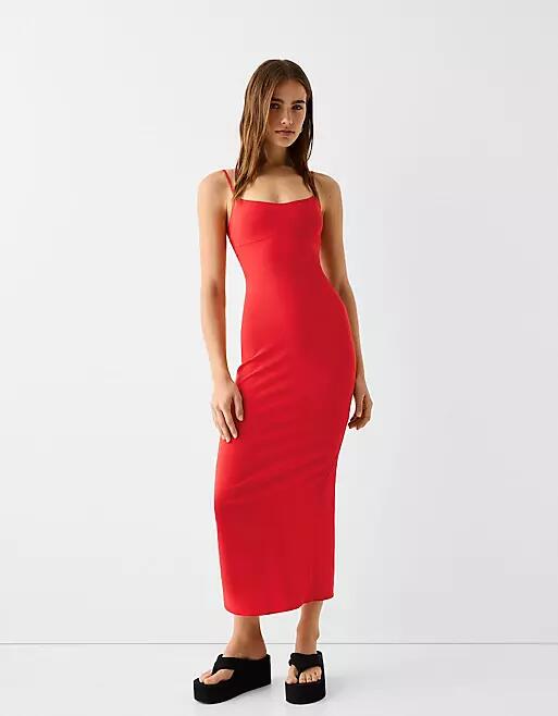 Bershka bengaline strappy maxi dress in red Cover