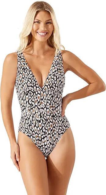 Tommy Bahama Palm Modern Safari Cat V-Neck One-Piece (Black) Women's Swimsuits One Piece Cover