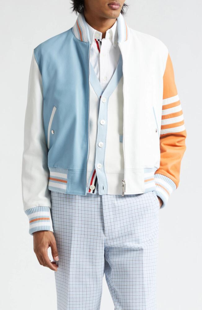 Thom Browne Fun-Mix 4-Bar Colorblock Leather Bomber Jacket in White Cover