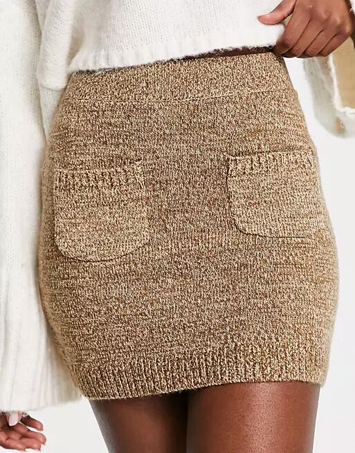 Free People knitted mini skirt in brown sand-Neutral Cover