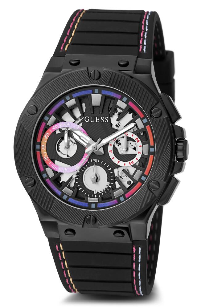 GUESS Ombré Multifunction Silicone Strap Watch, 44mm in Black/black/black Cover