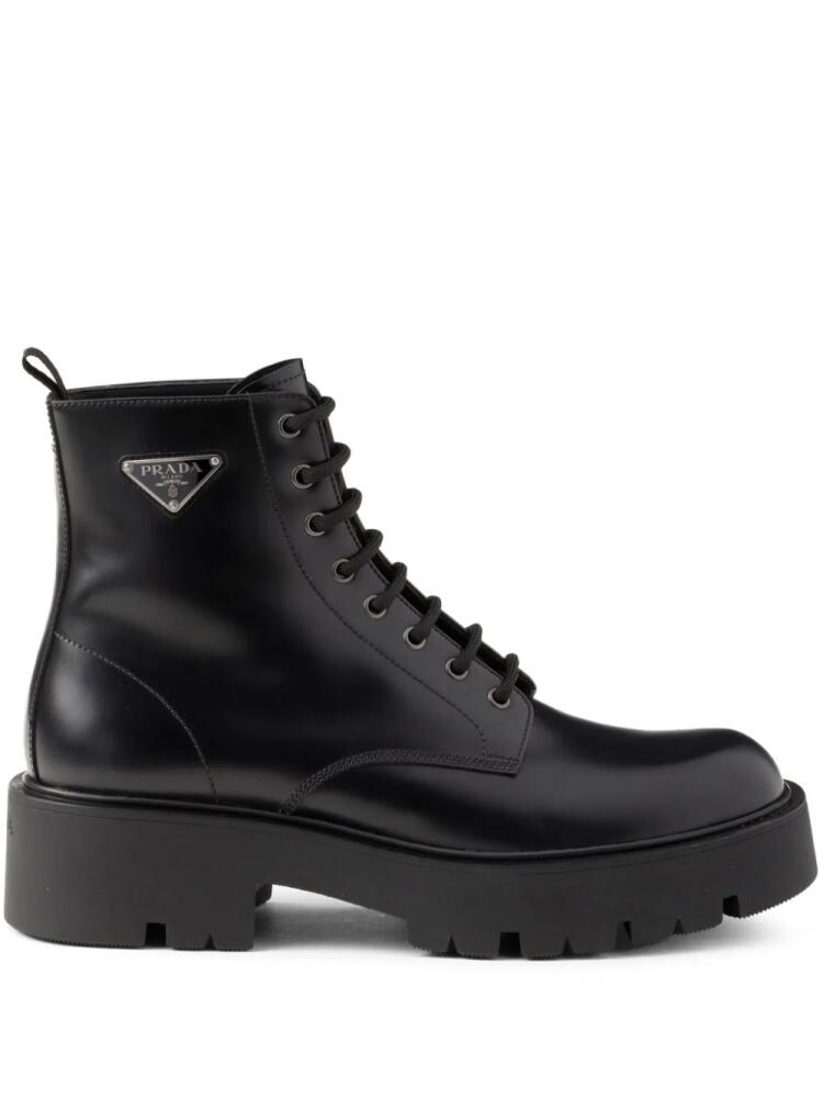 Prada logo plaque leather combat boots - Black Cover