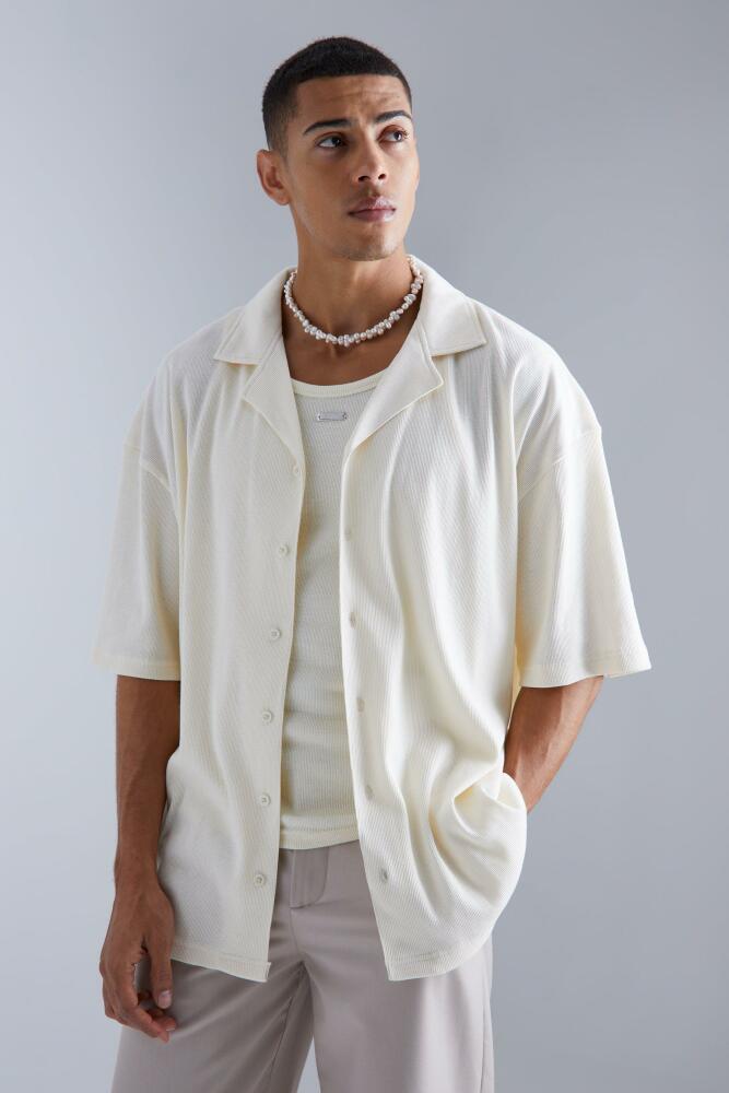 boohoo Mens Short Sleeve Oversized Revere Rib Jersey Knit Shirt - Cream Cover