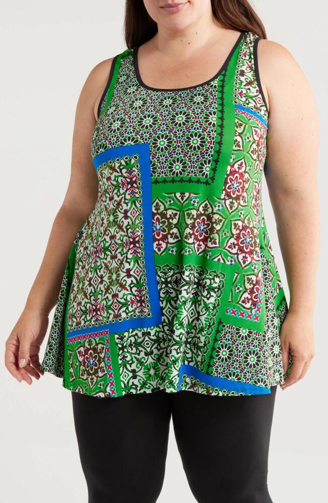 24seven Comfort Apparel MIxed Print Sleeveless Jersey Swing Top in Green Multi Cover