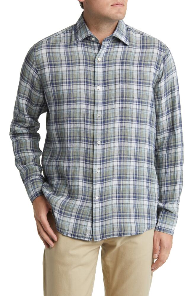 Peter Millar Polperro Plaid Flex Finish Linen Button-Up Shirt in Herb Cover