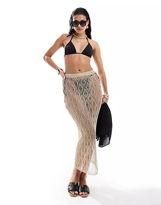 Miss Selfridge beach metallic crochet maxi skirt in gold Cover