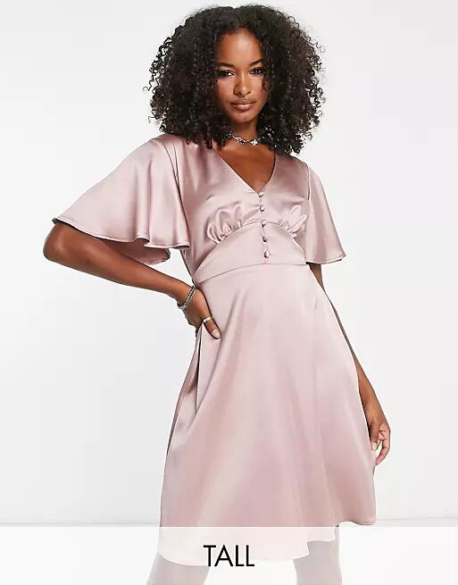 Flounce London Tall satin flutter sleeve mini dress in heather rose-Pink Cover