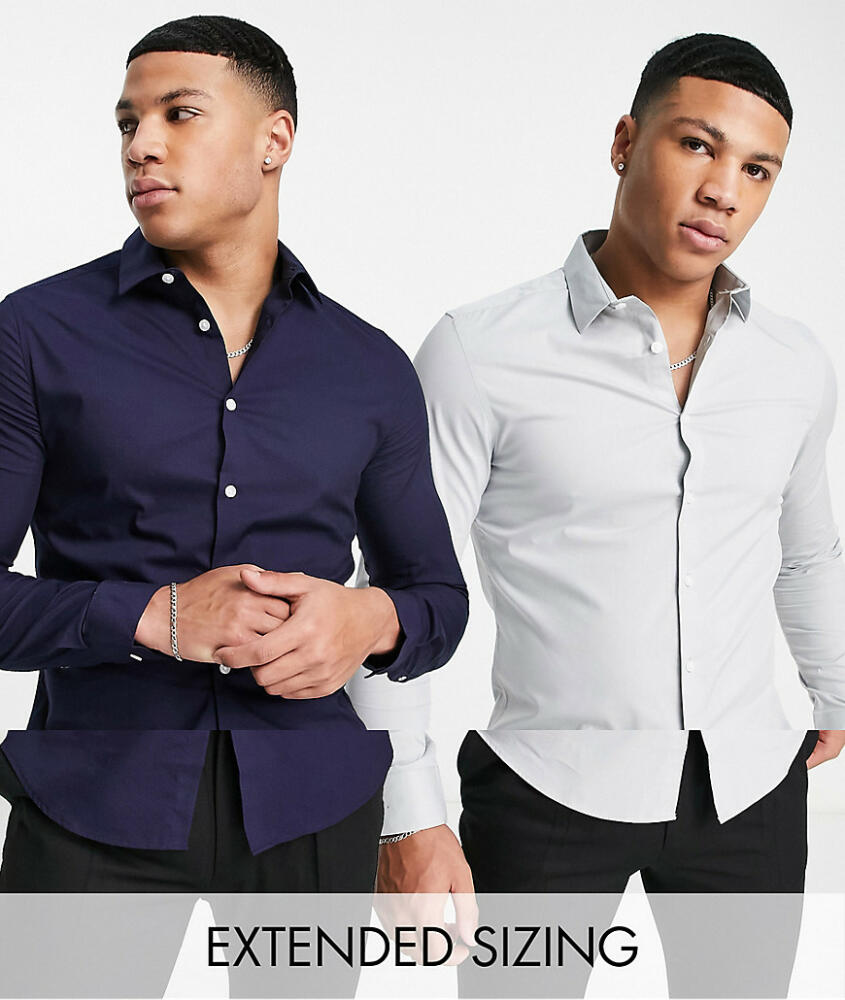 ASOS DESIGN 2-pack stretch slim fit work shirts in navy & gray - SAVE!-Multi Cover