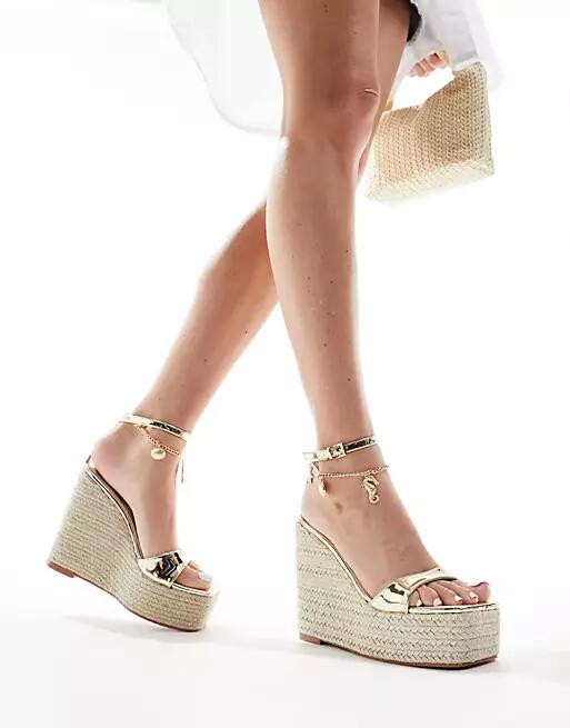 Public Desire Naya wedge espadrilles with anklet charms in gold Cover