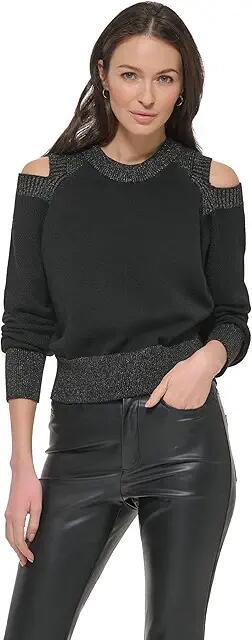 DKNY Long Sleeve Cutout Shoulder Sweater (Black) Women's Clothing Cover