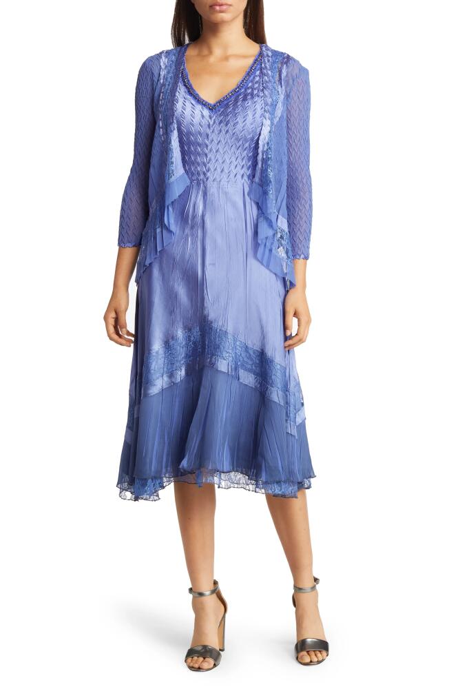 Komarov Beaded Charmeuse & Chiffon Tiered Dress with Jacket in Fregatta Blue Ombre Cover