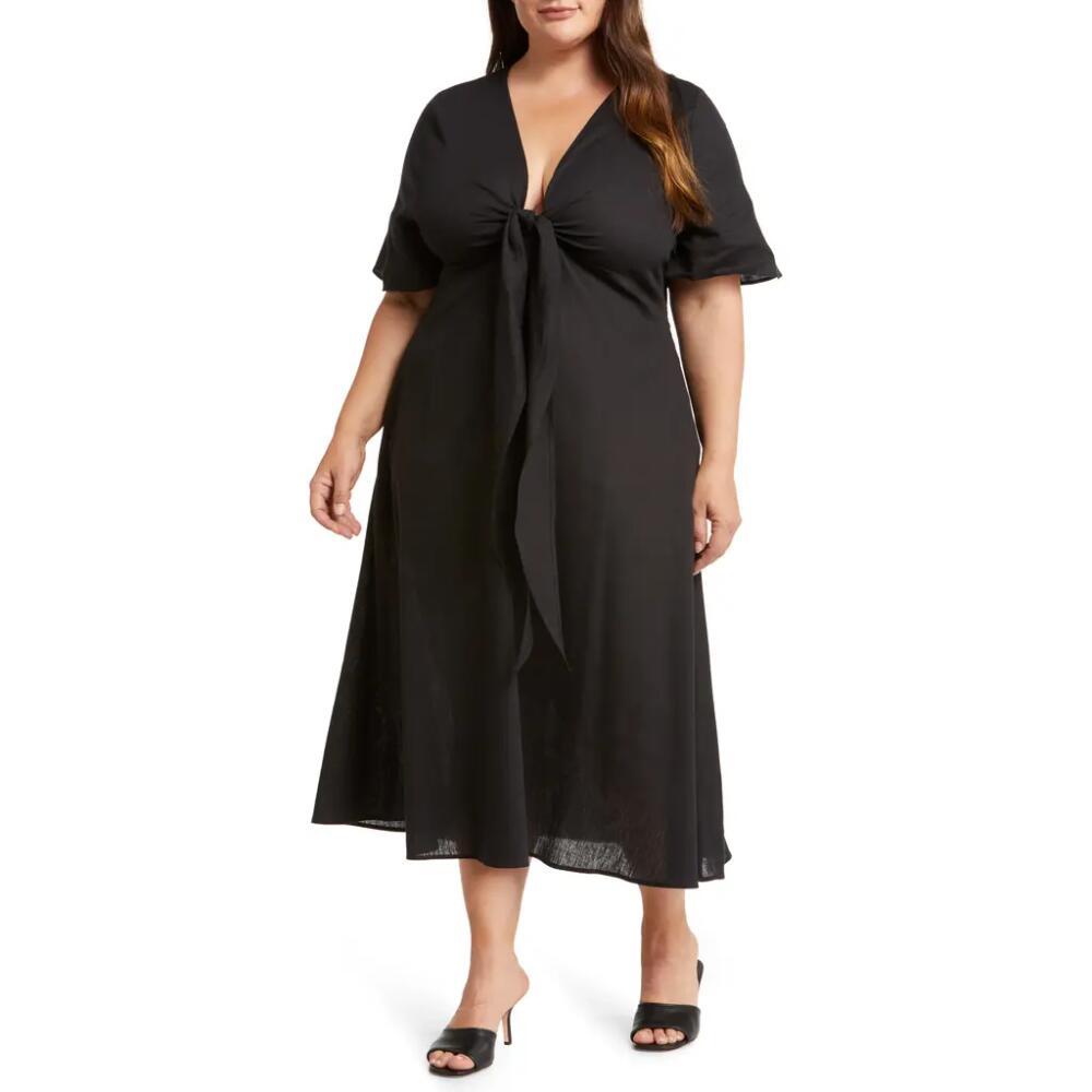 HARSHMAN Fiorella Tie Front Linen Blend Midi Dress in Black Cover