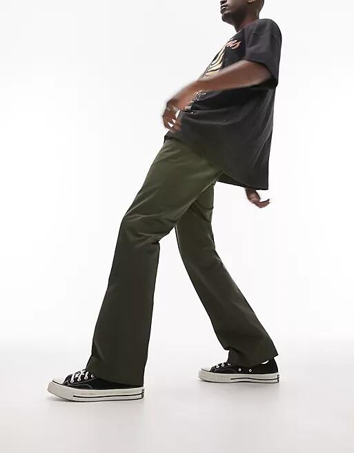 Topman straight flare pants in khaki-Green Cover