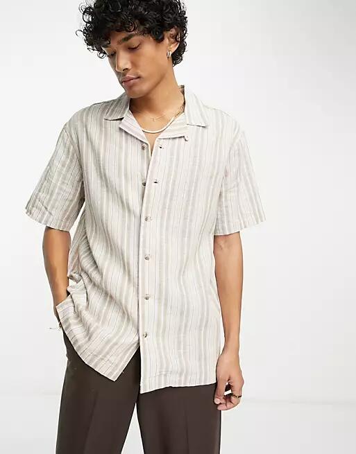 PacSun bodhi resort short sleeve linen shirt in tan and white stripe-Multi Cover