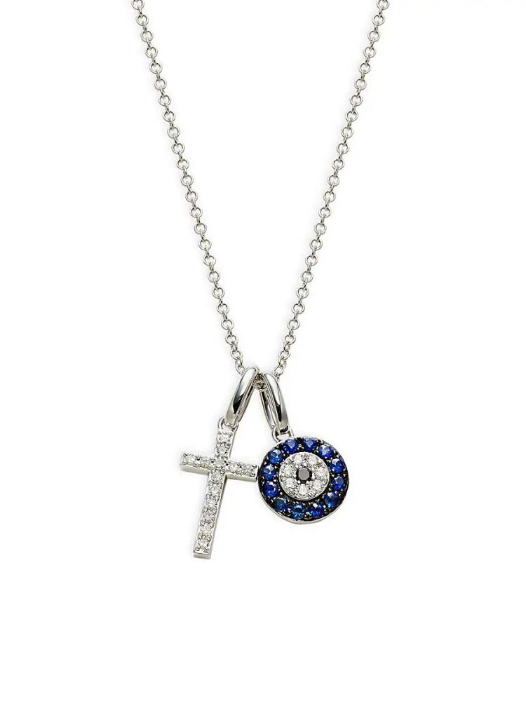 Effy Women's 14K White Gold, Diamond & Sapphire Evil Eye & Cross Necklace Cover