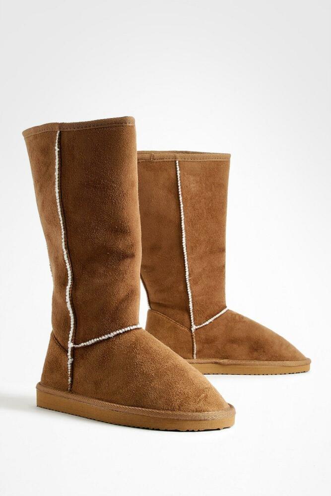 boohoo Womens Calf High Cozy Booties - Brown Cover