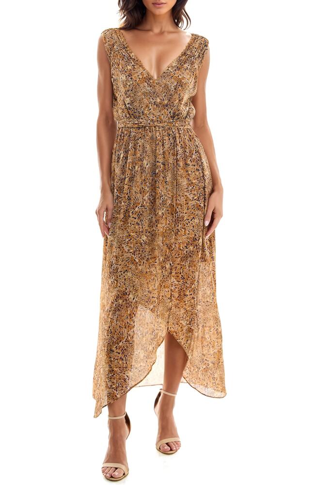 Socialite Abstract Print Chiffon High-Low Dress in Caramel/Navy Cover