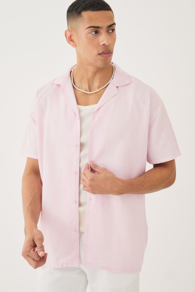 boohoo Mens Short Sleeve Revere Oversized Linen Shirt - Pink Cover