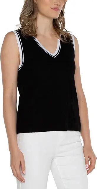 Liverpool Los Angeles Sleeveless V-Neck Sweater with Novelty Rib Trim (Black/White Contrast) Women's Sweater Cover