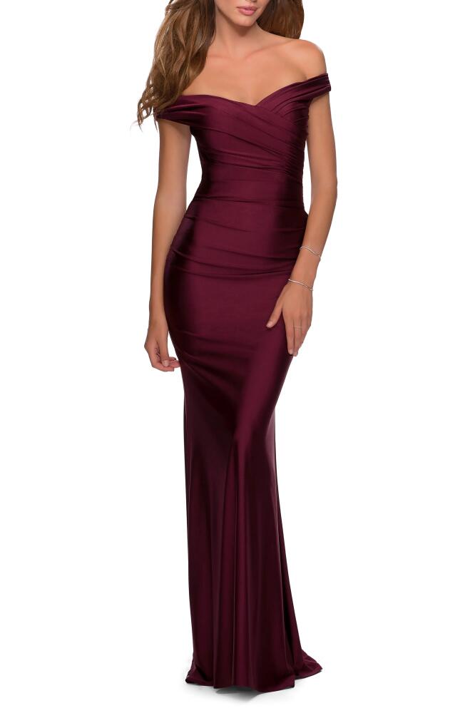 La Femme Off the Shoulder Trumpet Gown in Wine Cover