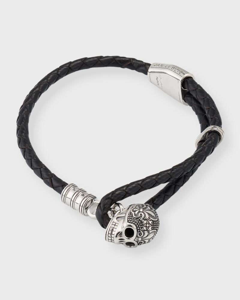 Jan Leslie Men's Braided Leather Bracelet with Sterling Silver Skull Cover