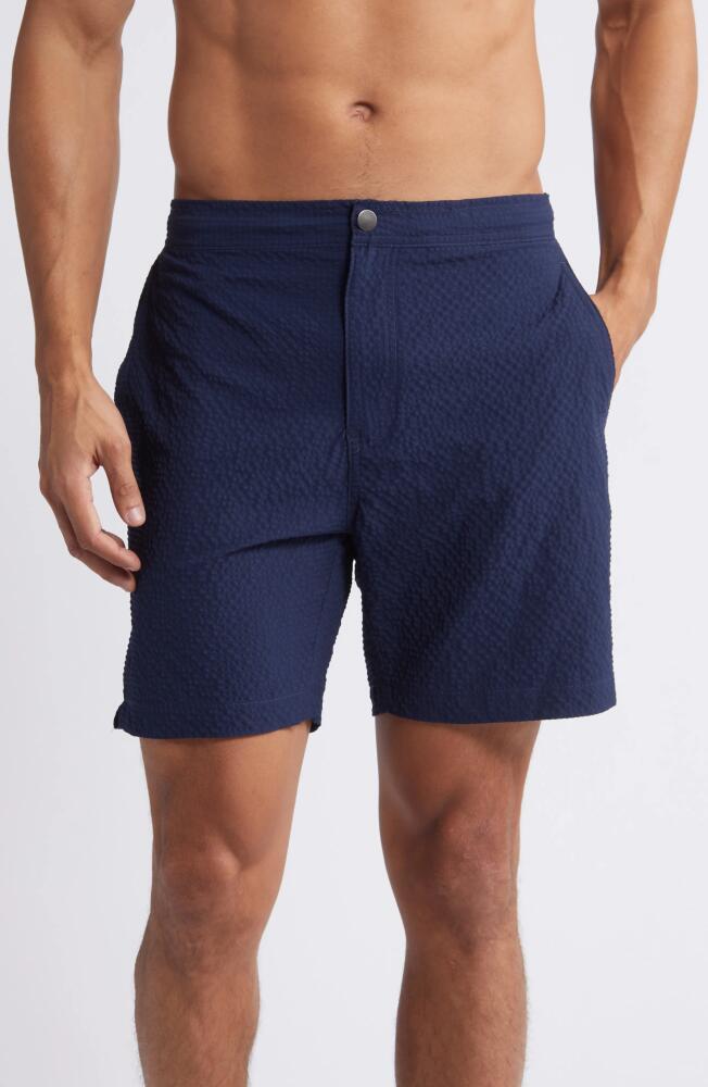 Nordstrom Flat Front Seersucker Swim Trunks in Navy Blazer Cover