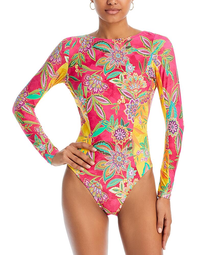 Johnny Was Kaleida And Flamingo Printed Long Sleeve One Piece Swimsuit Cover