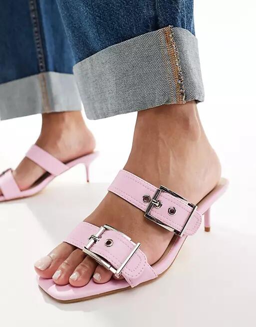 Truffle Collection kitten heel double buckle strap mules in pink Cover