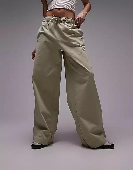 Topshop casual draw cord waist straight leg pants in stone-Neutral Cover