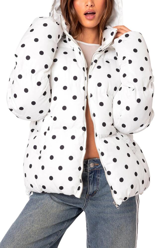 EDIKTED Marcey Polka Dot Puffer Jacket in White-And-Black Cover