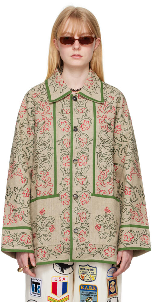 Bode Brown Embroidered Trumpetflower Coat Cover