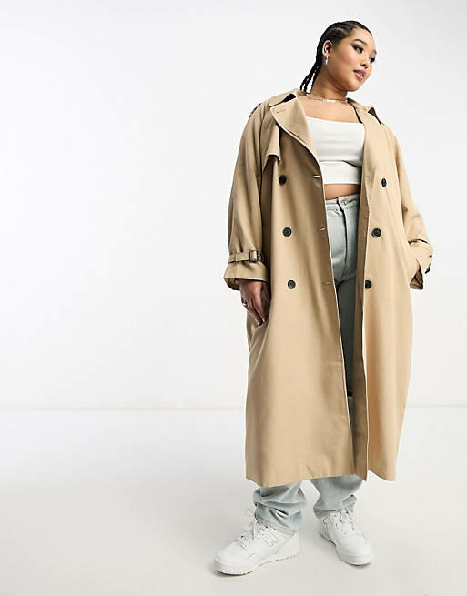 Only Curve double breasted trench coat in camel-Neutral Cover