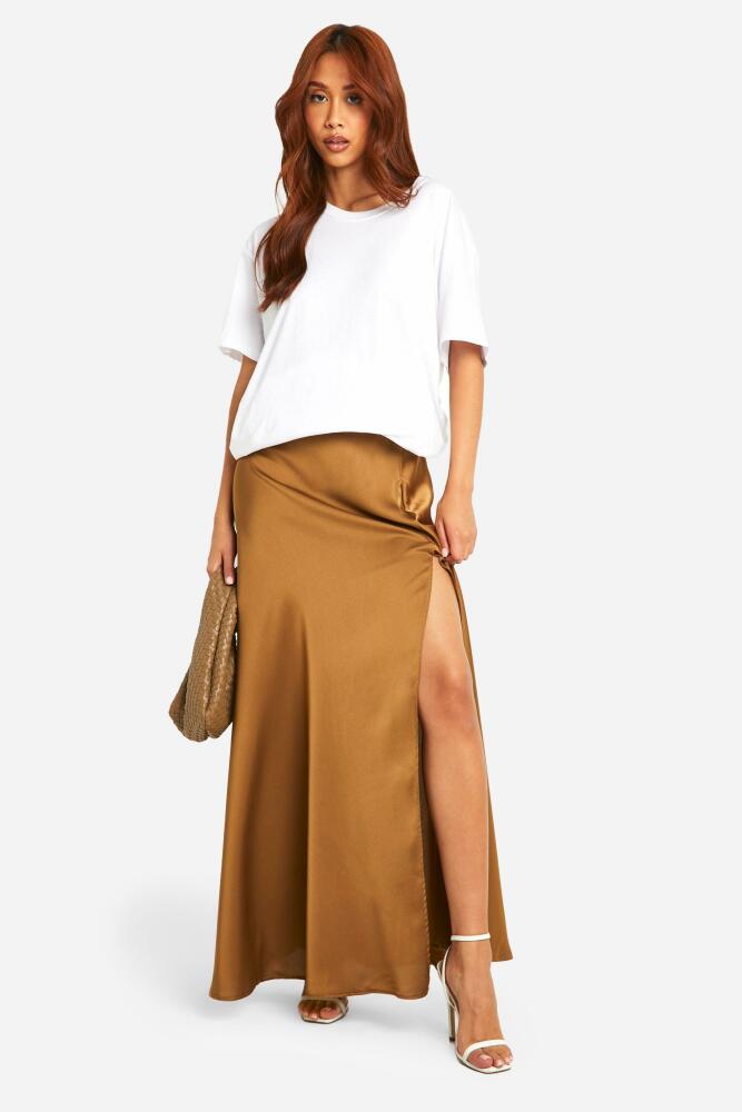 boohoo Womens Satin Slip Extreme Split Maxi Skirt - Brown Cover