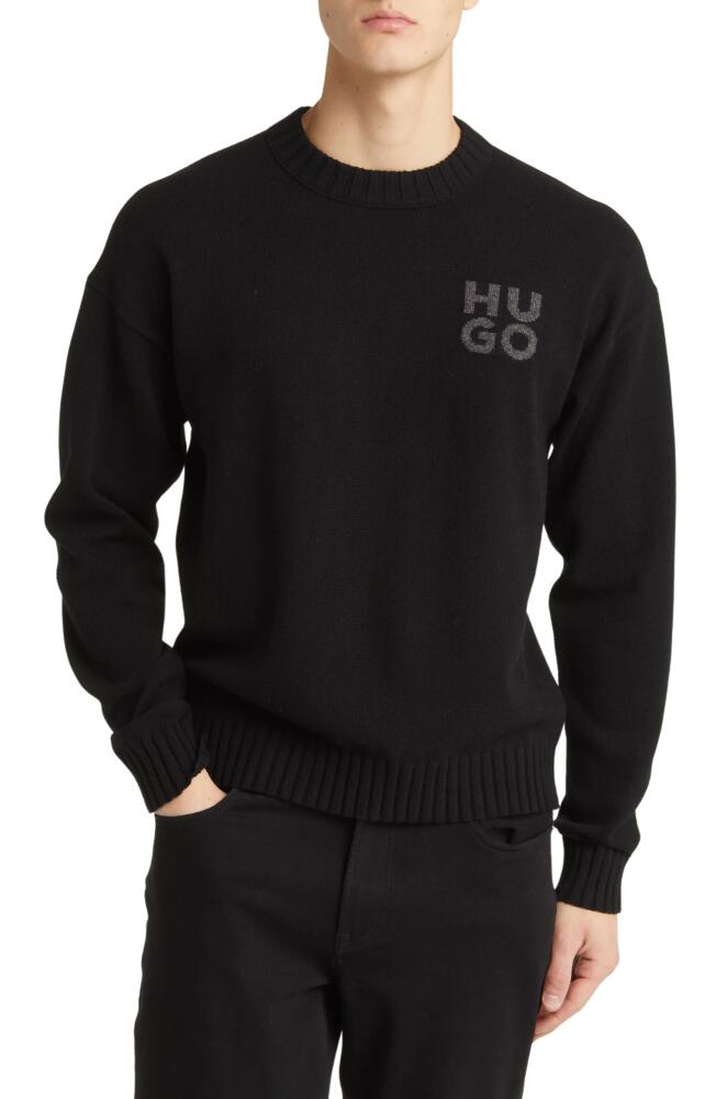 HUGO San Cassio Stacked Logo Wool Blend Crewneck Sweater in Black Cover