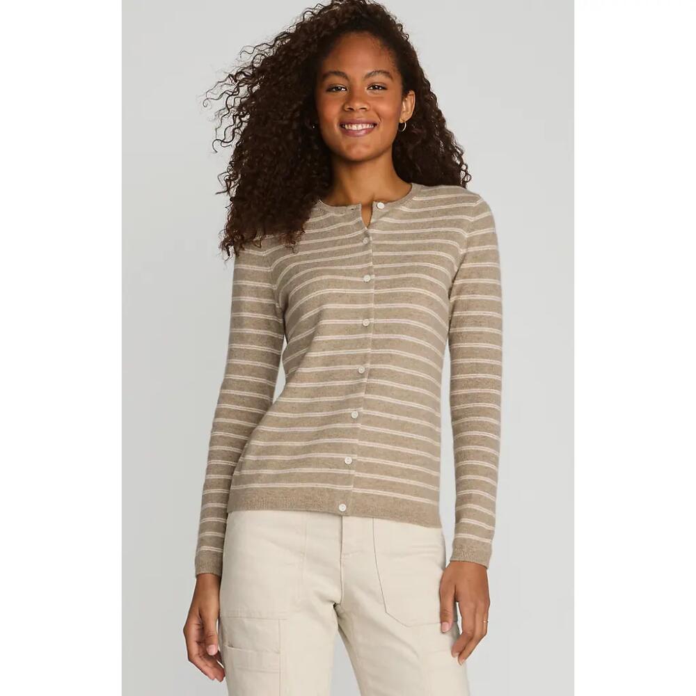 Lands' End Cashmere Cardigan Sweater in French Pecan Dual Stripe Cover