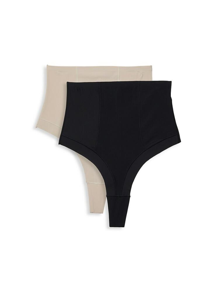 AVA & AIDEN Women's 2-Pack Control Top Thongs - Black Beige Cover