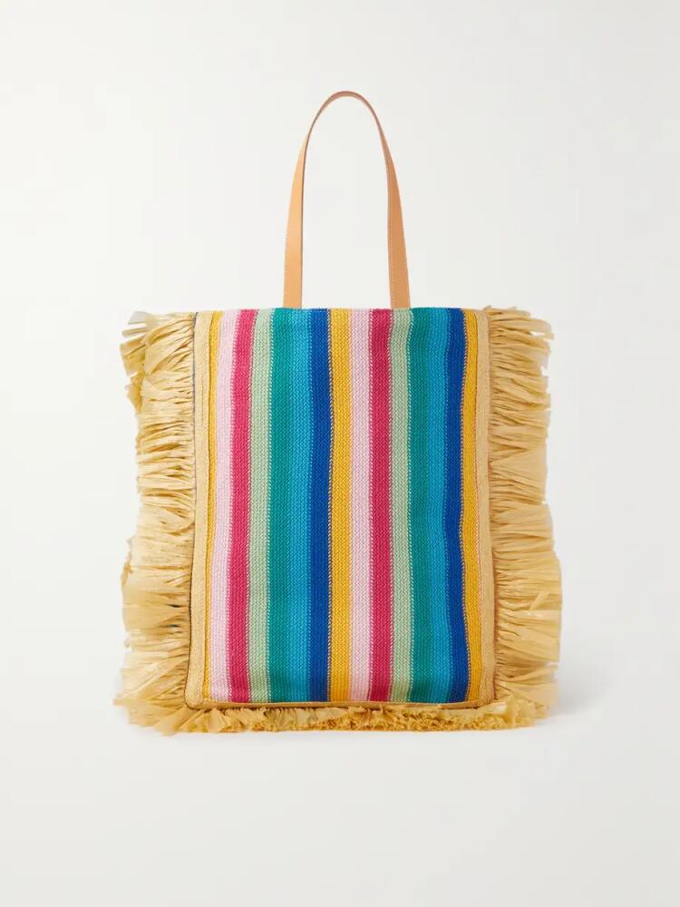 La DoubleJ - Riviera Leather-trimmed Fringed Striped Crochet-knit Tote - Multi Cover