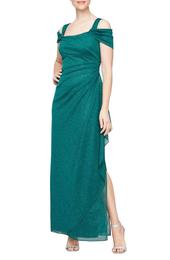 Alex Evenings Cold Shoulder Ruffle Glitter Chiffon Gown in Emerald Green Cover