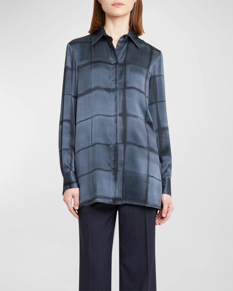 Kiton Check Button Down Oversized Silk Blouse Cover