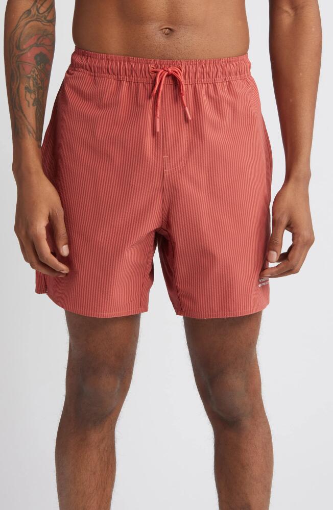 Saturdays NYC Timothy Stripe Seersucker Swim Trunks in Mineral Red Cover