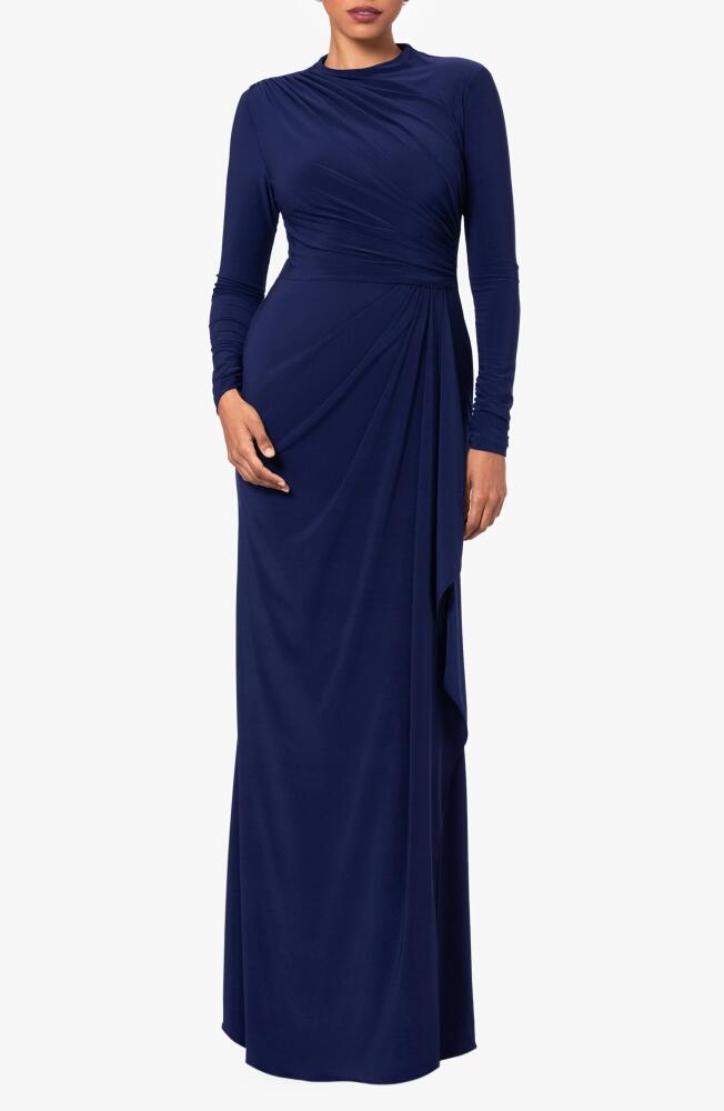 Betsy & Adam Ruffle Long Sleeve Sheath Gown in Navy Cover