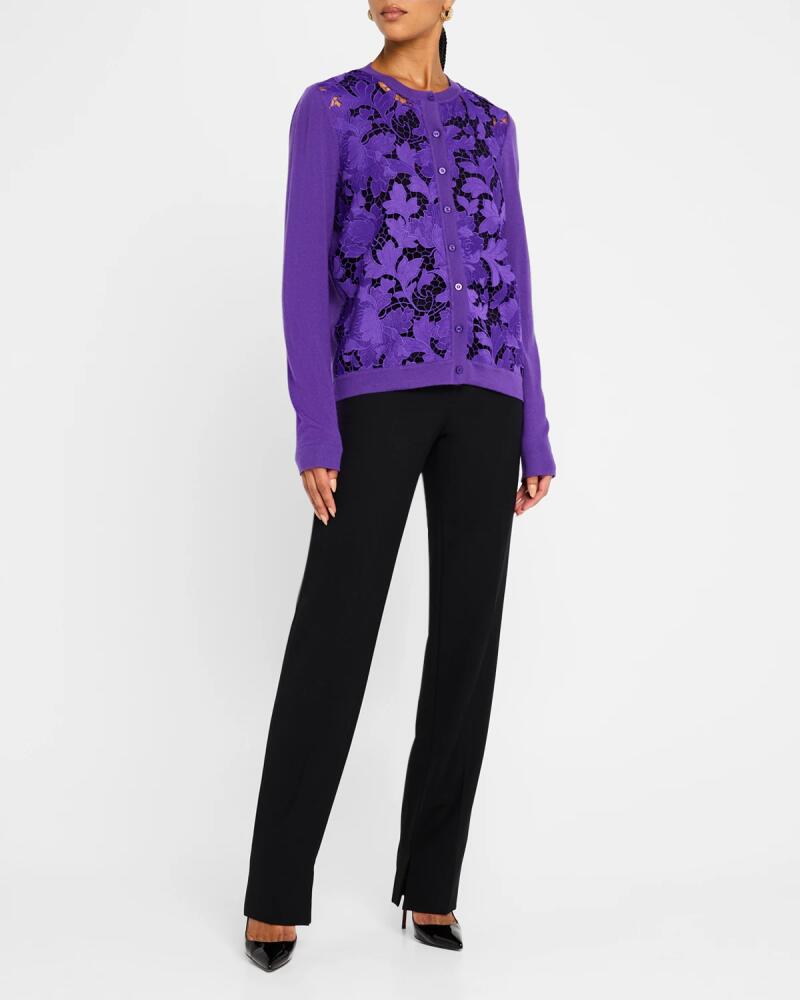 Oscar de la Renta Peony Guipure-Inset Crewneck Cardigan Cover